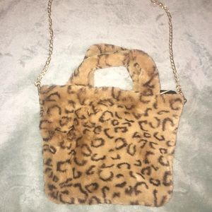Fuzzy leopard print purse with gold chain